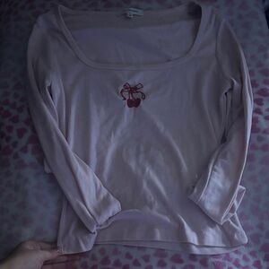 Pink Long Sleeve Top with Cherry Embroidery
